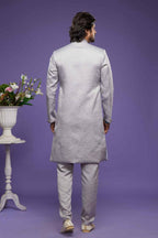 Raivat Ethnic Art Banarasi Silk Thread Work Kurta Pajama In Grey Colour | Grocsy