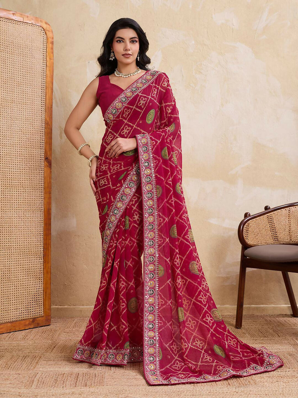 Teeya Creation Womens Stylish Simply Wedding Wear Georgette Saree-Red | Grocsy