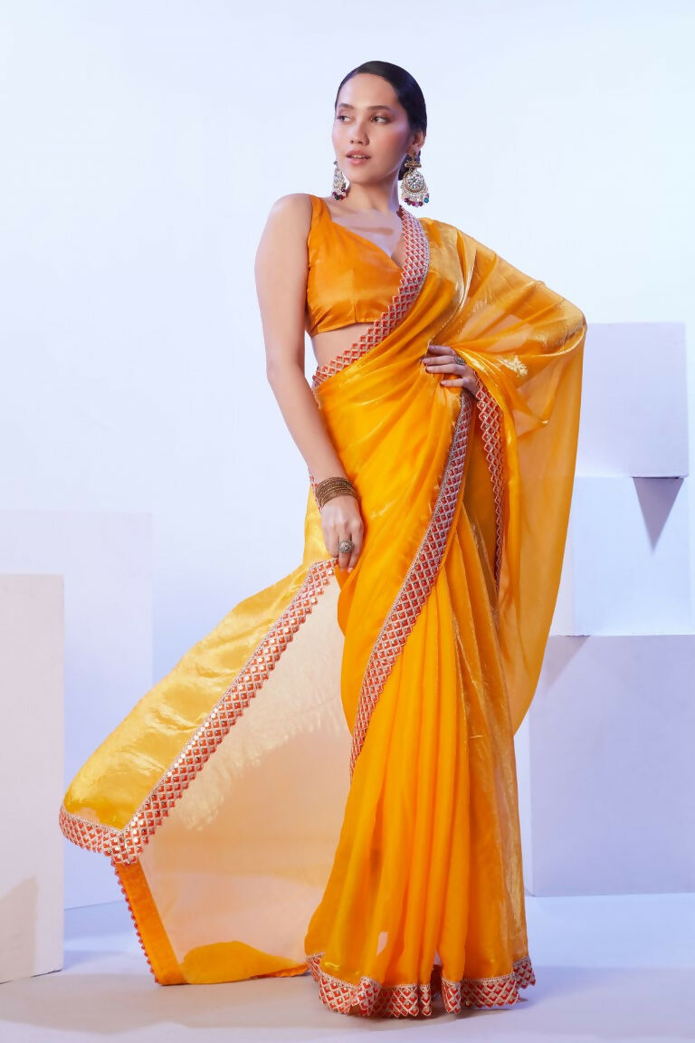 Yellow Satin Jimmy Choo Solid Designer & Lace Work Saree - Samaa | Grocsy