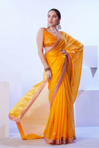 Yellow Satin Jimmy Choo Solid Designer & Lace Work Saree - Samaa | Grocsy