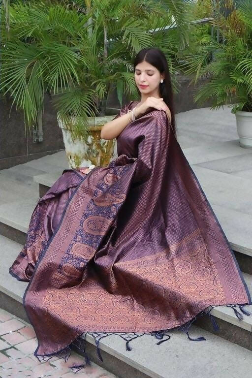 DEIANA'S Beautiful Designer Golden zari Soft Lichi Silk Saree - Purple | Grocsy