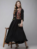 Yufta Women A-Line Black Dress With Red Embroidered Jacket | Grocsy