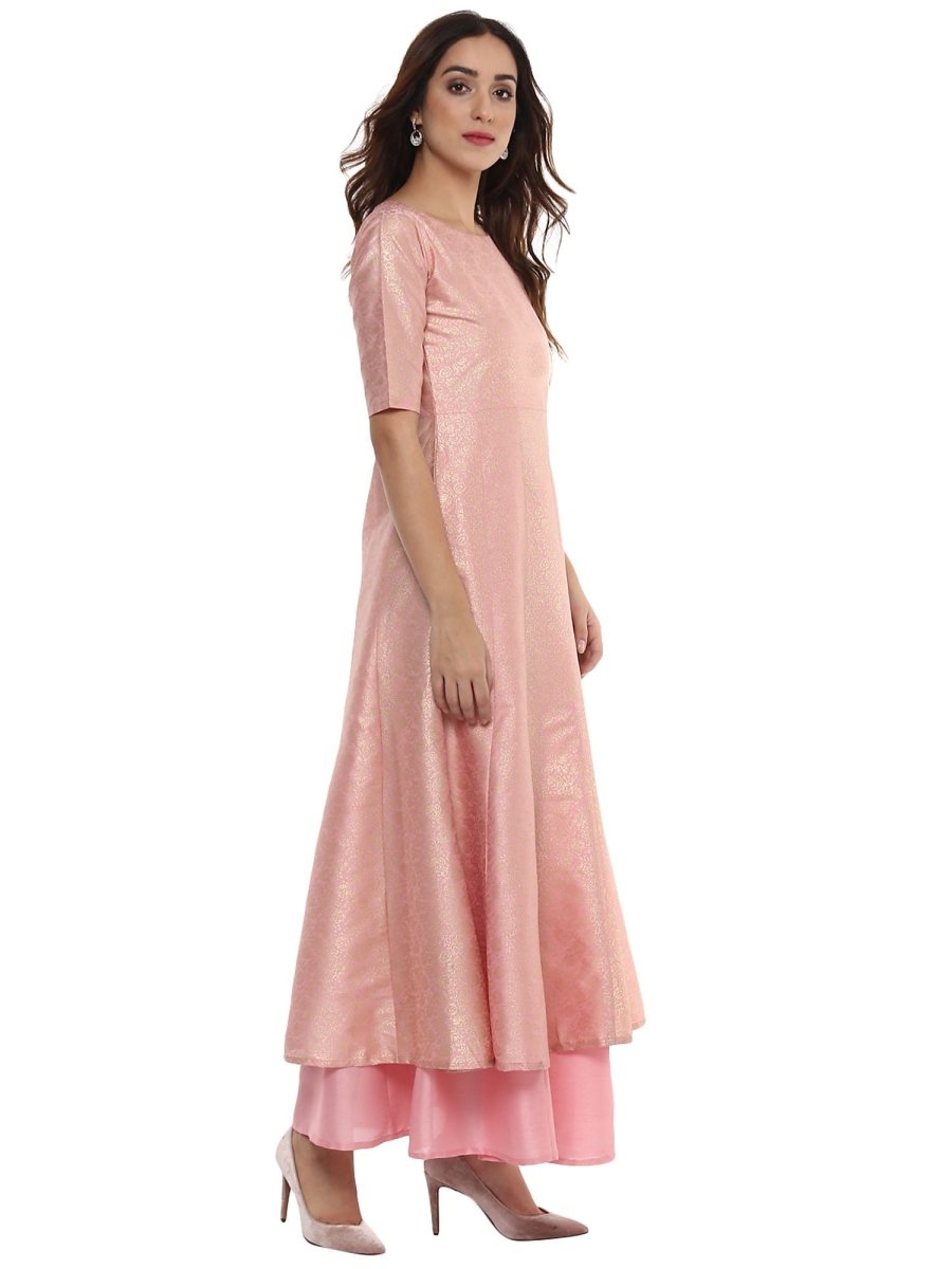 Ahalyaa Women's Pink Poly Silk Gold Foil Print Kurta | Grocsy
