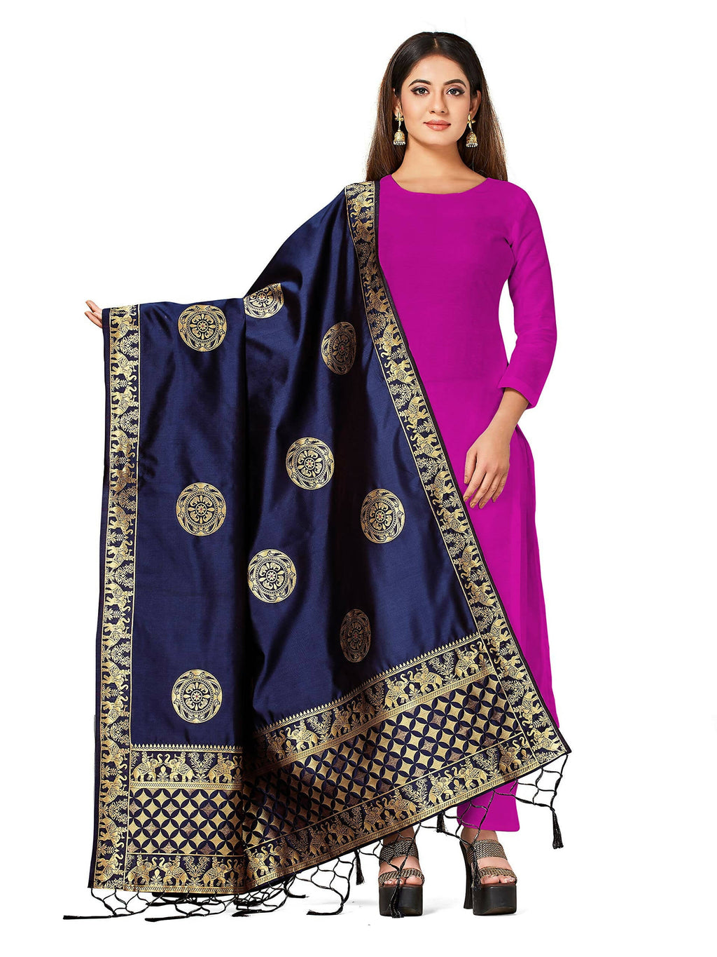 Mimosa Women's Banarasi Art Silk Navy Dupatta | Grocsy