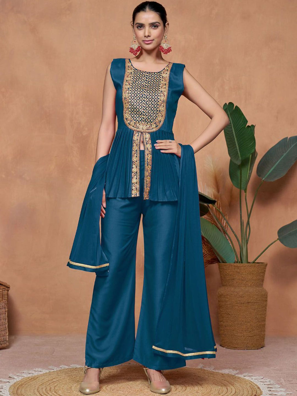 Sangria Floral Embroidered A-Line Kurta & Palazzo With Dupatta | Grocsy