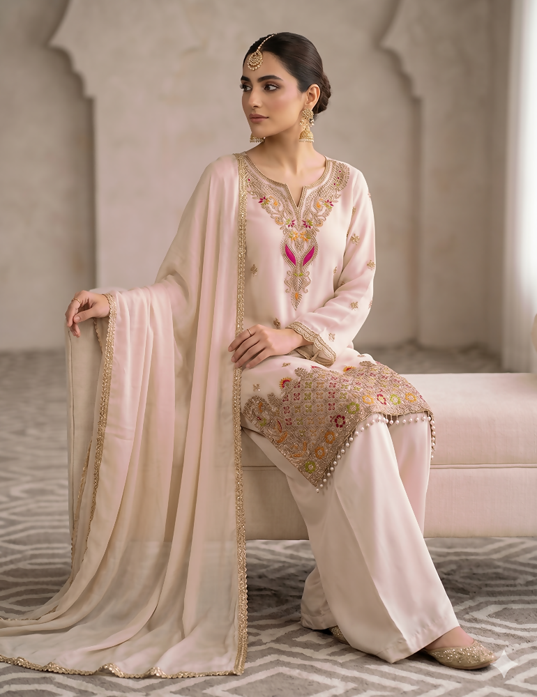 Teeya Creation Designer Baby Pink Festive Palazzo Suit Set with Heavy Embroidery | Grocsy