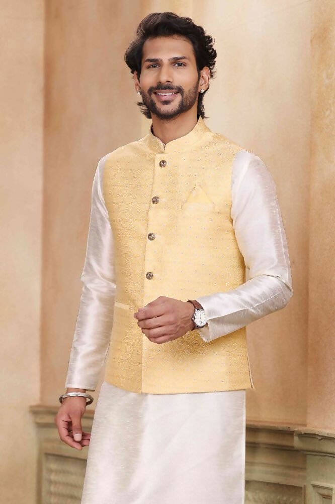 Raivat Ethnic Jacquard Banarasi Silk Woven Work 3 Pics Jacket Set In Yellow Colour | Grocsy