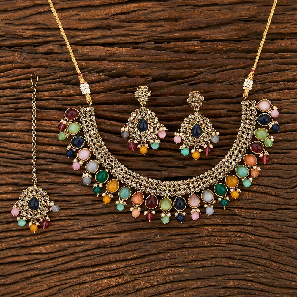 Joban Fashion Women Golden White Multi Polki Necklace Set With Earrings | Grocsy