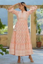 Juniper Women's Peach Cambric Floral Printed Maxi Tiered Dress | Grocsy