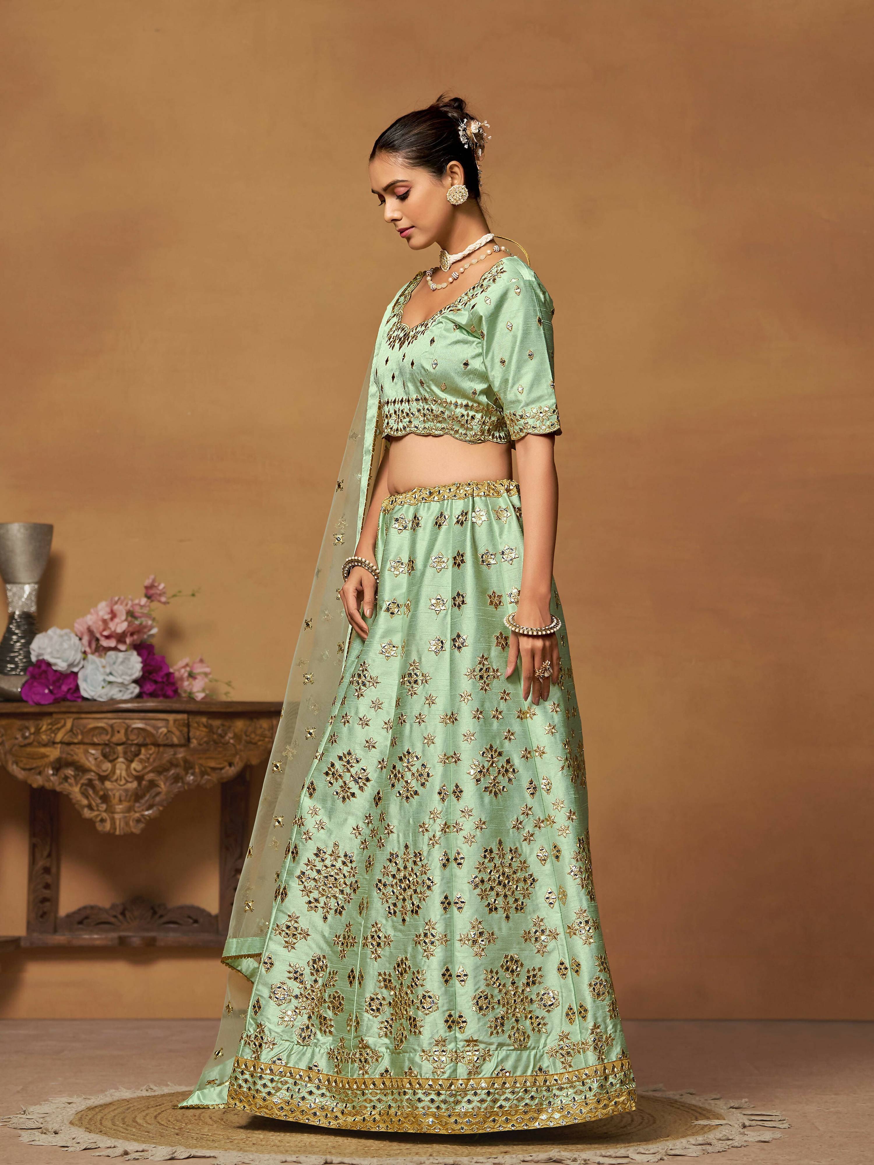 Pista Green Mulberry Silk Foil Paper Mirror Work Lehenga Choli - Jihu Culture | Grocsy