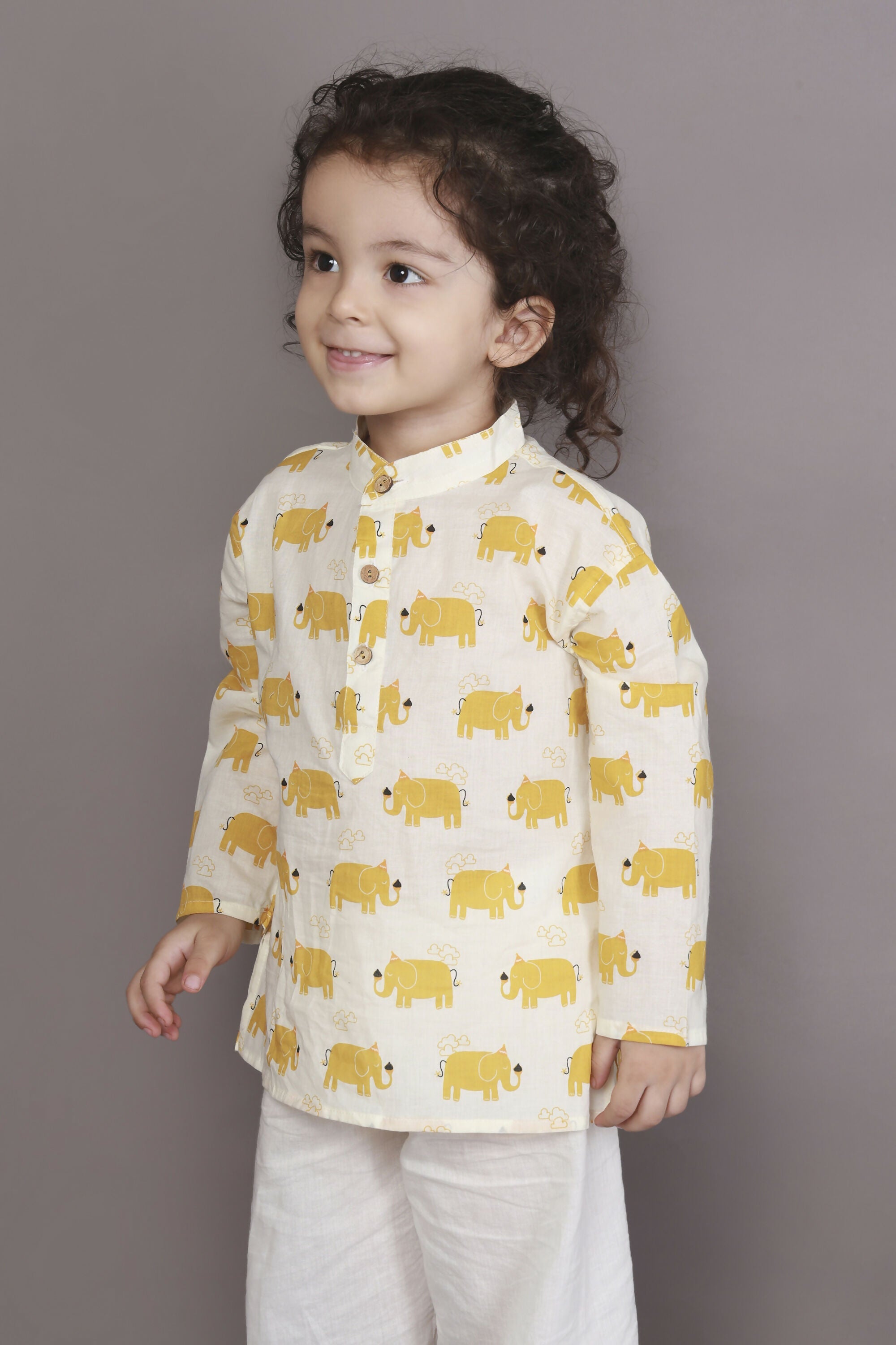 Breathables Kids Cotton Night Suit – Yellow Elephant Print Kurta & Pyjama Co-Ord Set For Boys & Girls | Grocsy