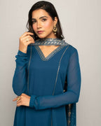 FIORRA Women's Teal Blue Creap A-Line Kurta Pant With Dupatta | Grocsy
