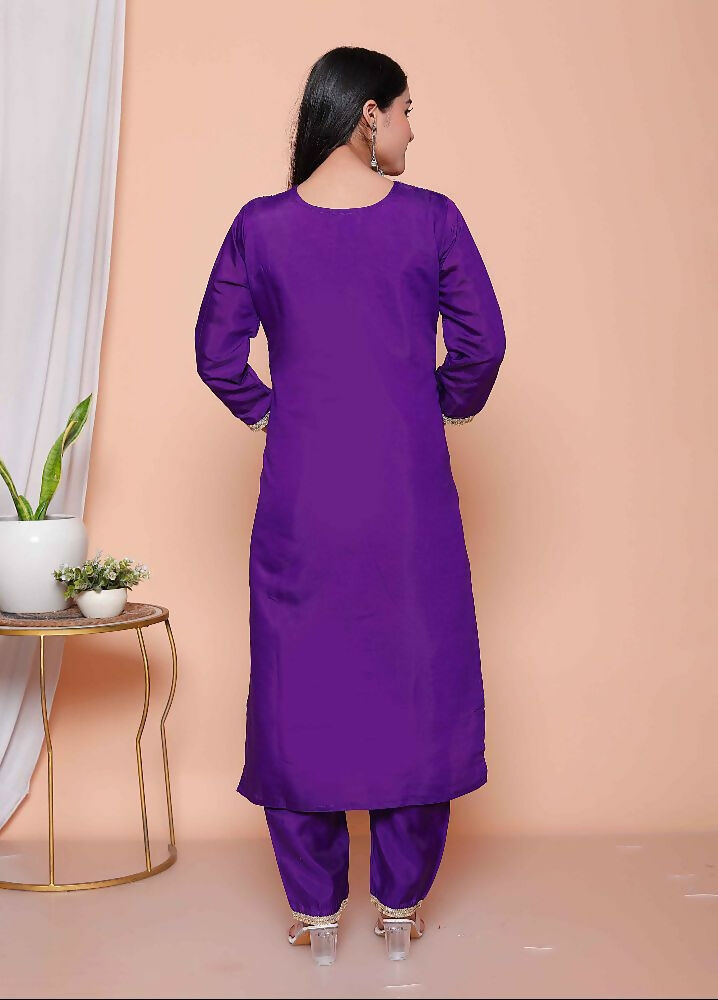 Miravan Womens Purple Muslin Straight Kurta And Palazzo With Dupatta Suit Set | Grocsy