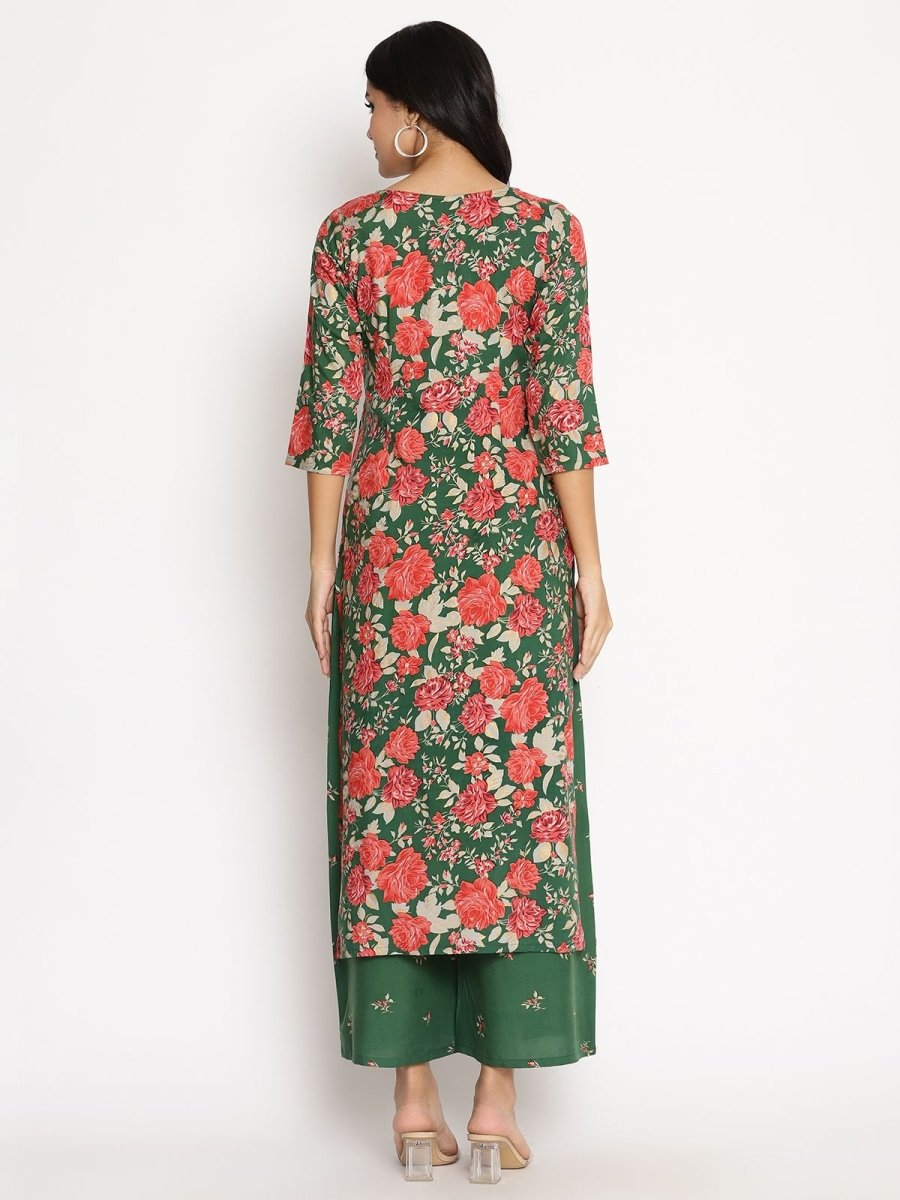 Ahalyaa Women's Green Rayon Printed Kurta Palazzo Set | Grocsy
