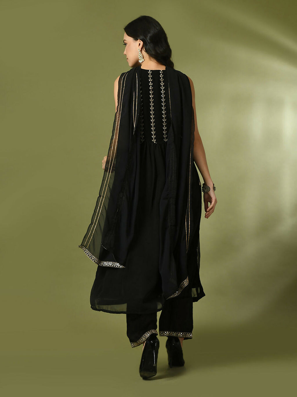 Myshka Women's Black Embroidered Georgette Anarkali Party Kurta Set With Dupatta | Grocsy