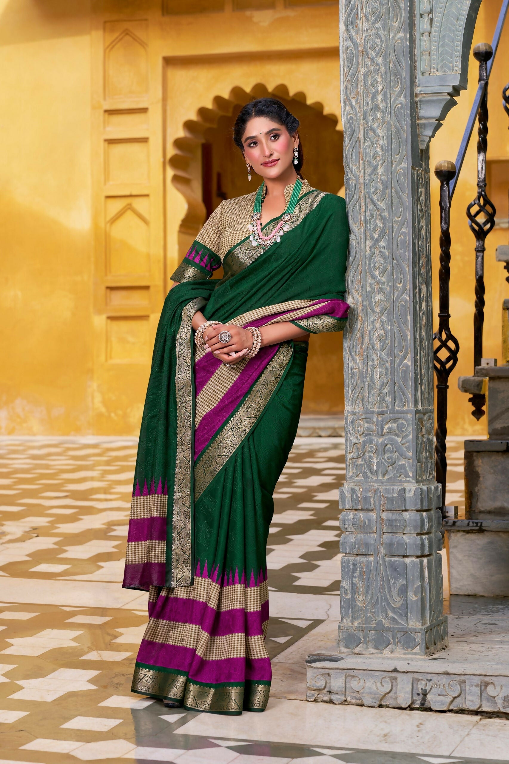 Vastranavya Green Printed with Zari Weaving Work Poly Cotton Saree & Unstitched Blouse | Grocsy