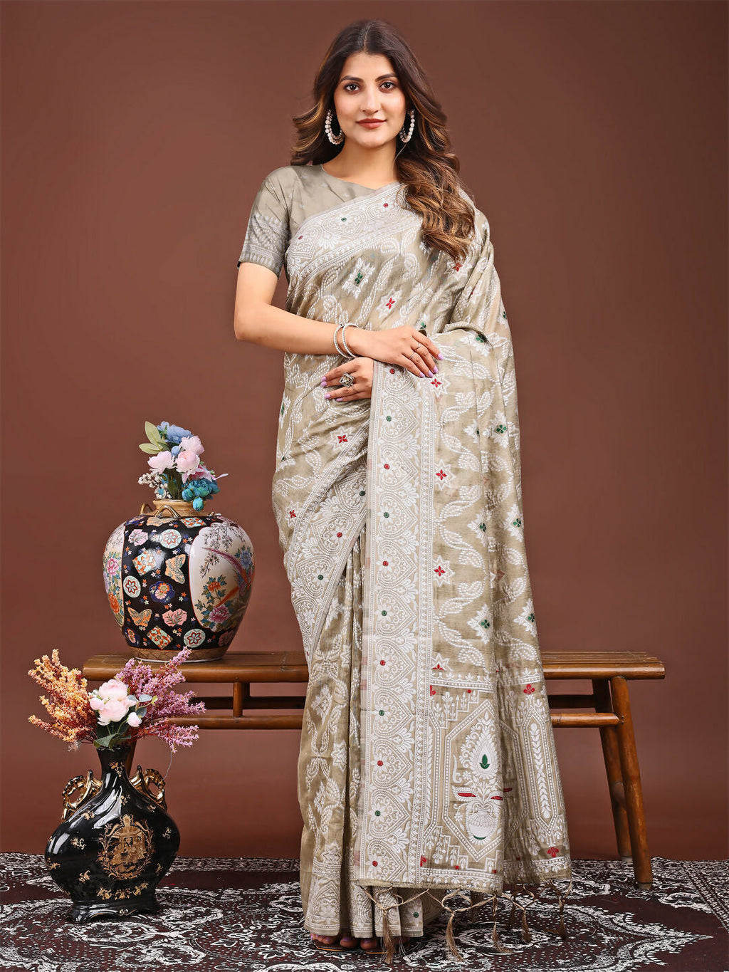 Shree Shyam Fashion Pankhuri Brown Linen Cotton Saree | Grocsy