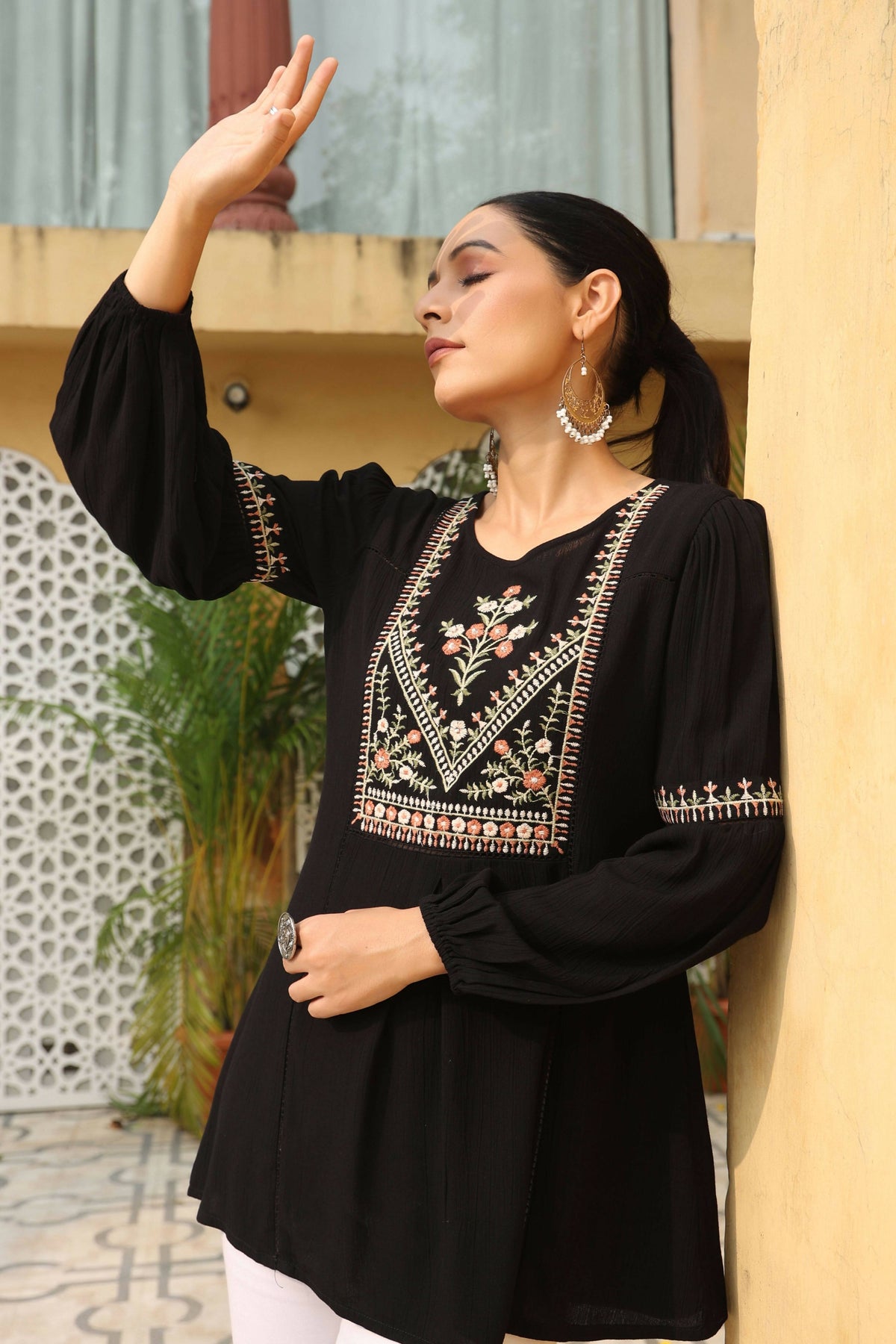 Juniper Women's Black Rayon Crepe Solid With Embroidery Straight Tunic | Grocsy