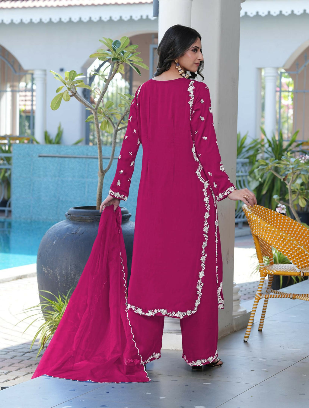 Nikhaar Magenta Embroidered Modal Silk Stitched Straight Cut Kurta Culottes Dupatta Readymade Suit | Grocsy