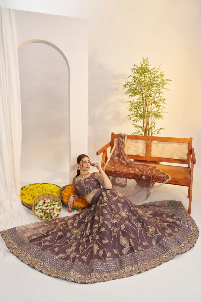Aastha Fashion Dark Onion Butterfly Net Zari Work And Cotton Thread Work And Sequence Work Embroidery Wedding Wear Lehenga Choli | Grocsy