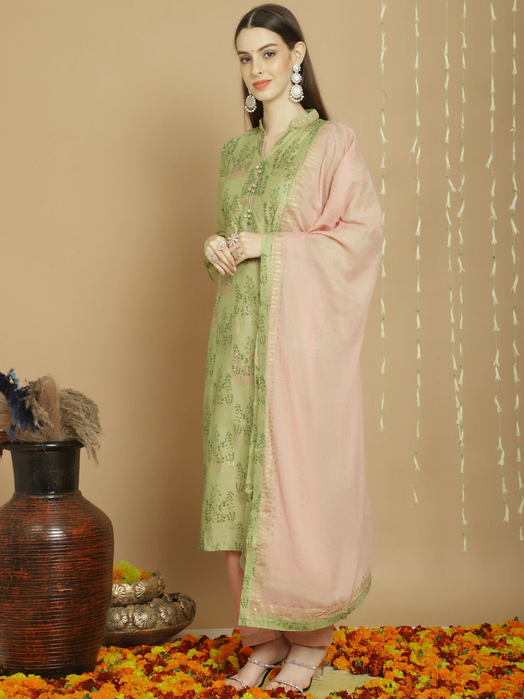 Jyoti Fashion Women's Green Chanderi Silk Elegant Jardoshi Semi Kurta with Trouser & Dupatta | Grocsy