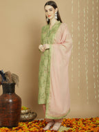 Jyoti Fashion Women's Green Chanderi Silk Elegant Jardoshi Semi Kurta with Trouser & Dupatta | Grocsy