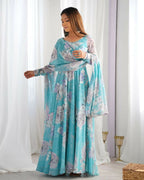 The52 Women's Gorgeous Printed Fox Georgette Fabric Flared Anarkali and Dupatta Set | Grocsy