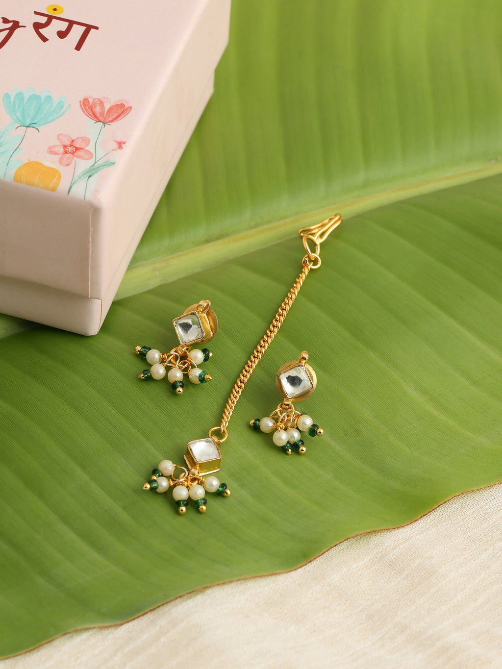 Ruby Raang Double Color Drops Maang Tikka And Earrings Set | Grocsy
