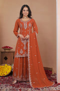 The52 Women's Gorgeous Embroidery Work Fox Georgette Fabric Straight Kurta Sharara and Dupatta Set | Grocsy