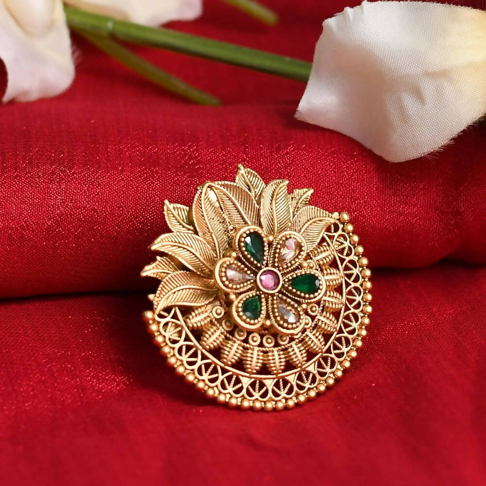 Mominos Fashion Joharkamal Gold-Polished Stone Studded Adjustable Finger Ring - Design 17 | Grocsy