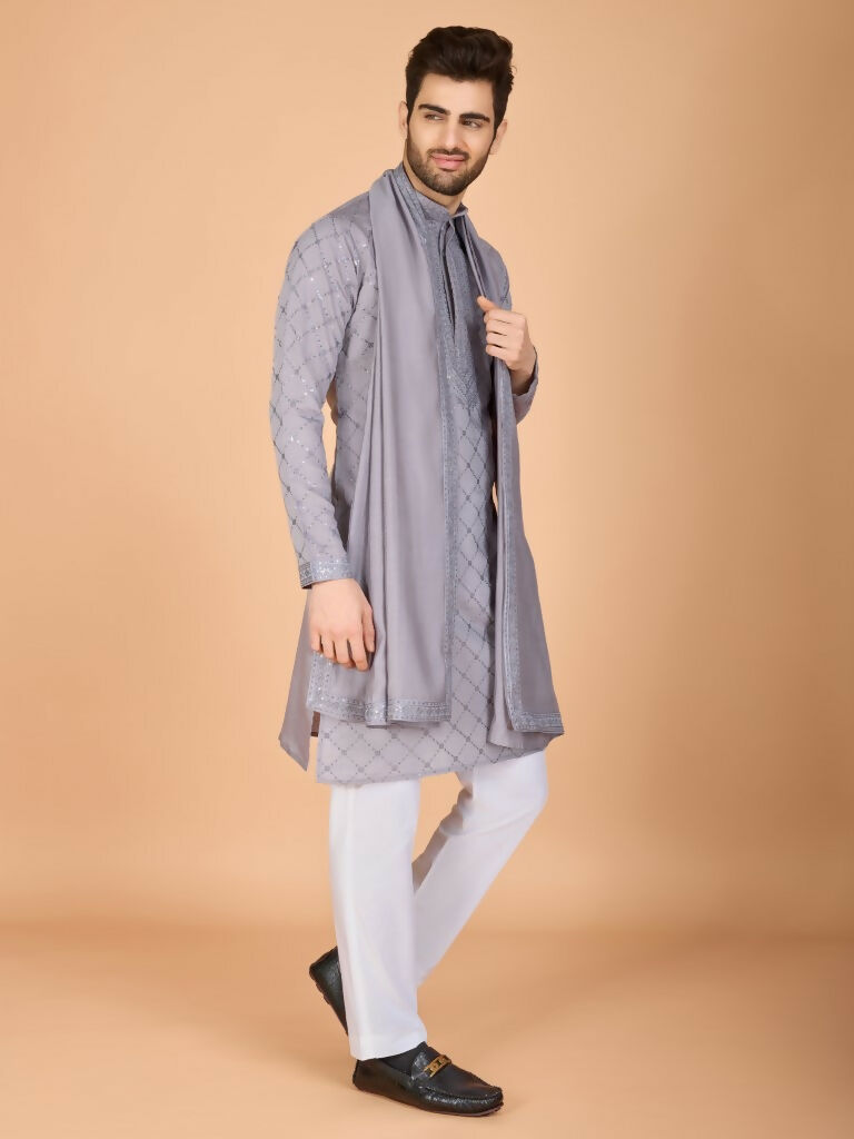 Vastranavya Grey Exclusive Festival Wear Viscose Silk Thread with Sequence Embroidered Work Kurta with Dupatta | Grocsy