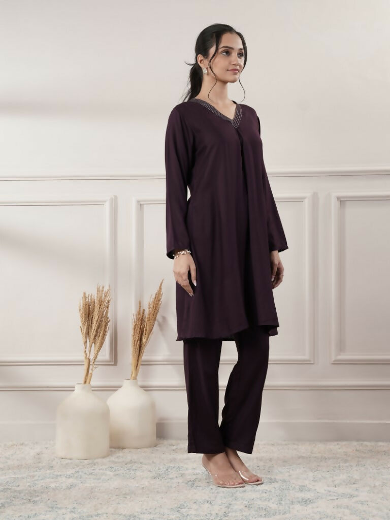 Joban Fashion Women's Rayon Wine V-Neck Co-Ord Set With Pant | Grocsy