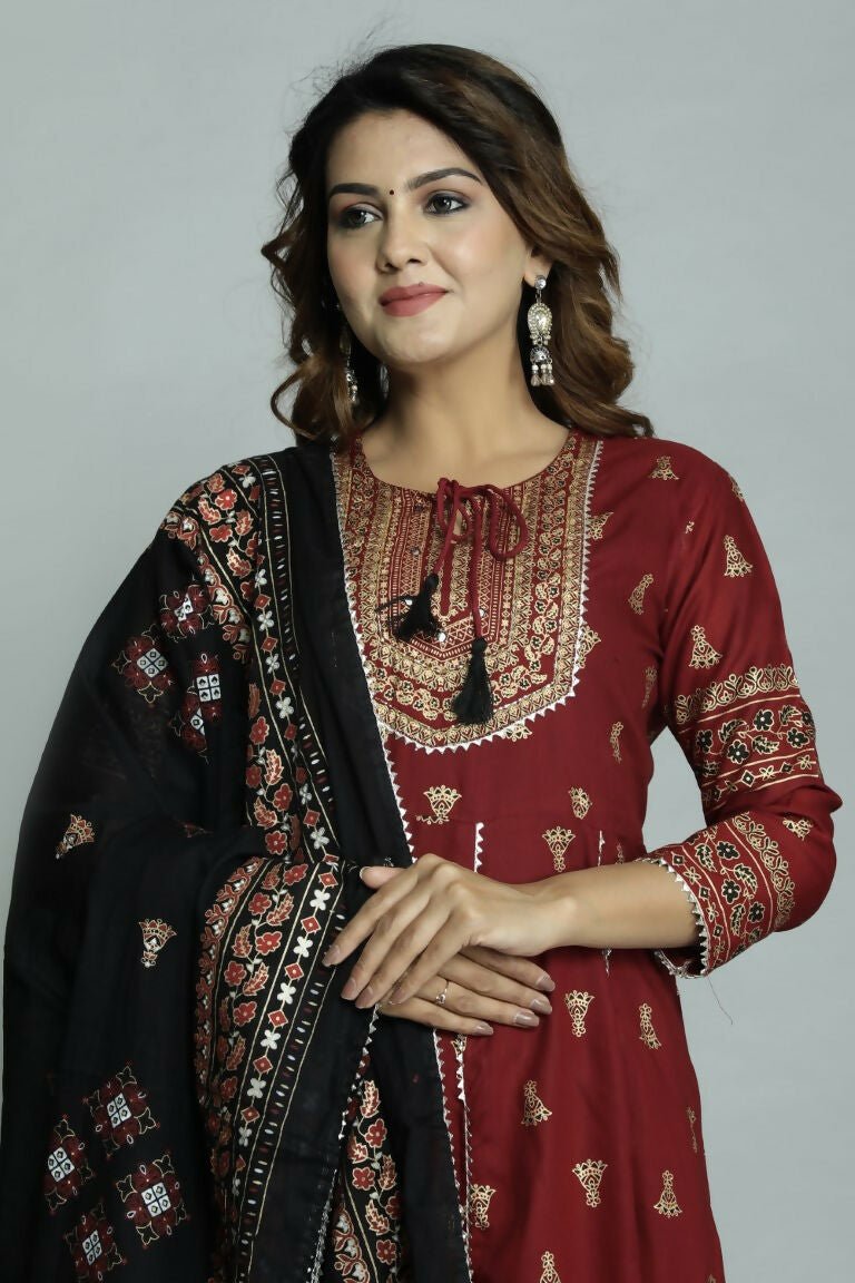 Alvano Women's Stylish Anarkali Kurti with Pant and Dupatta for Women and Girls (Maroon) | Grocsy
