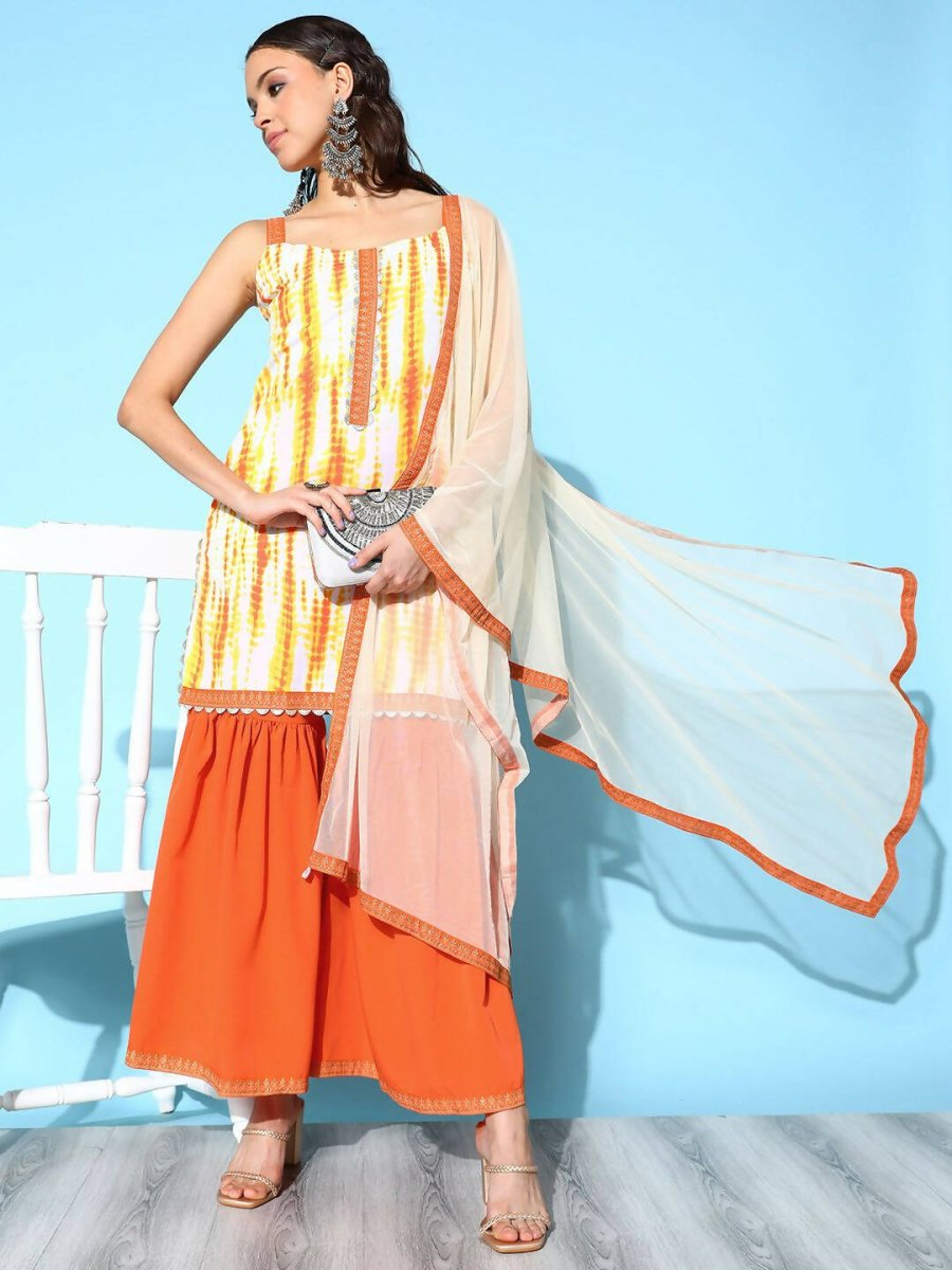 Ahalyaa Women's Orange Crepe Printed Kurta Sharara Set With Dupatta | Grocsy