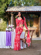 Vastranavya Red Weightless Marble Printed & Pearl Lace Border Saree with Unstitched Blouse | Grocsy