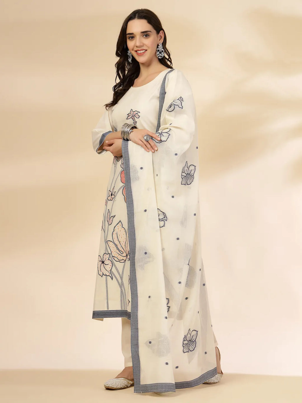 Yufta Off White Handloom Cotton Jacquard Kurta Set With Pant & Dupatta | Grocsy