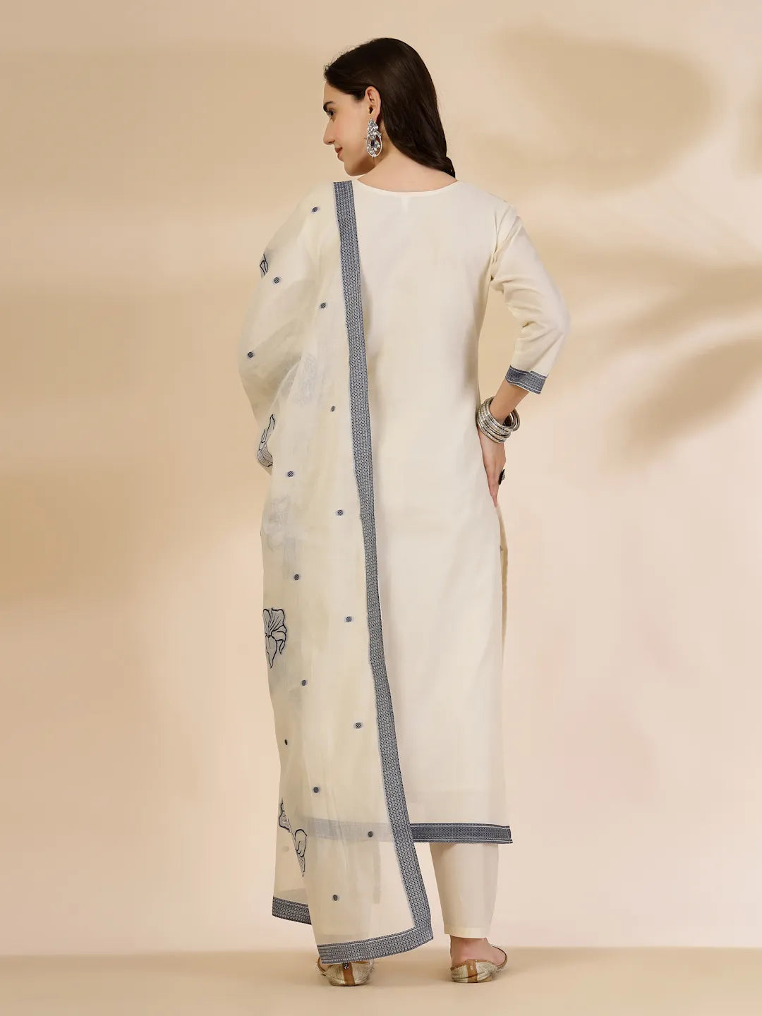 Yufta Off White Handloom Cotton Jacquard Kurta Set With Pant & Dupatta | Grocsy