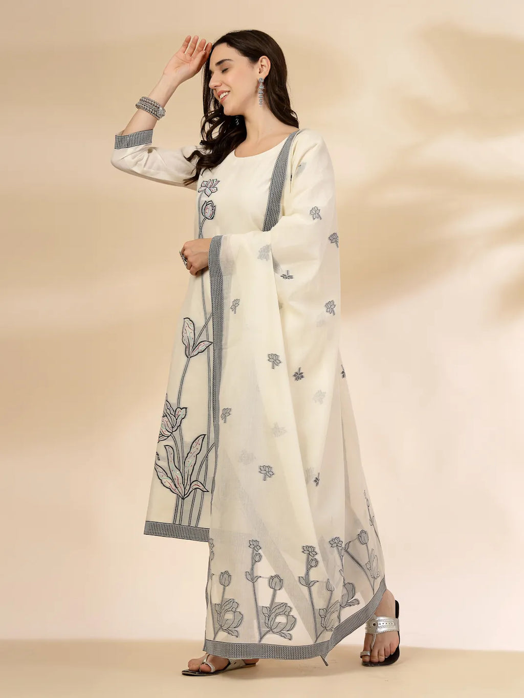 Yufta Off White Handloom Cotton Jacquard Sequins Work Kurta Dupatta Pant Set | Grocsy