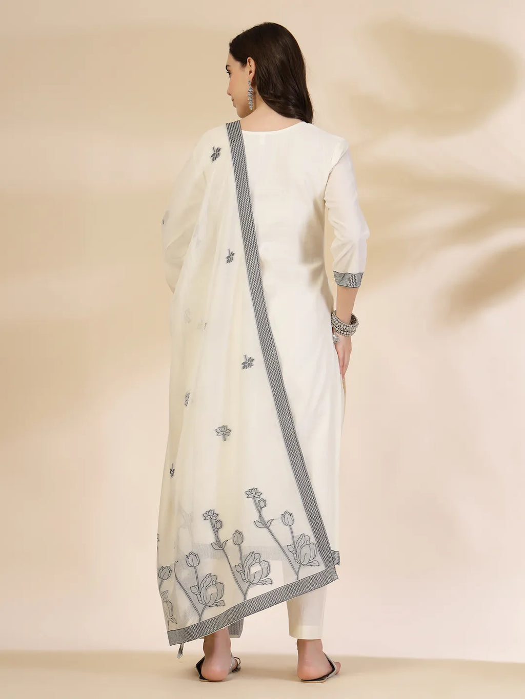 Yufta Off White Handloom Cotton Jacquard Sequins Work Kurta Dupatta Pant Set | Grocsy