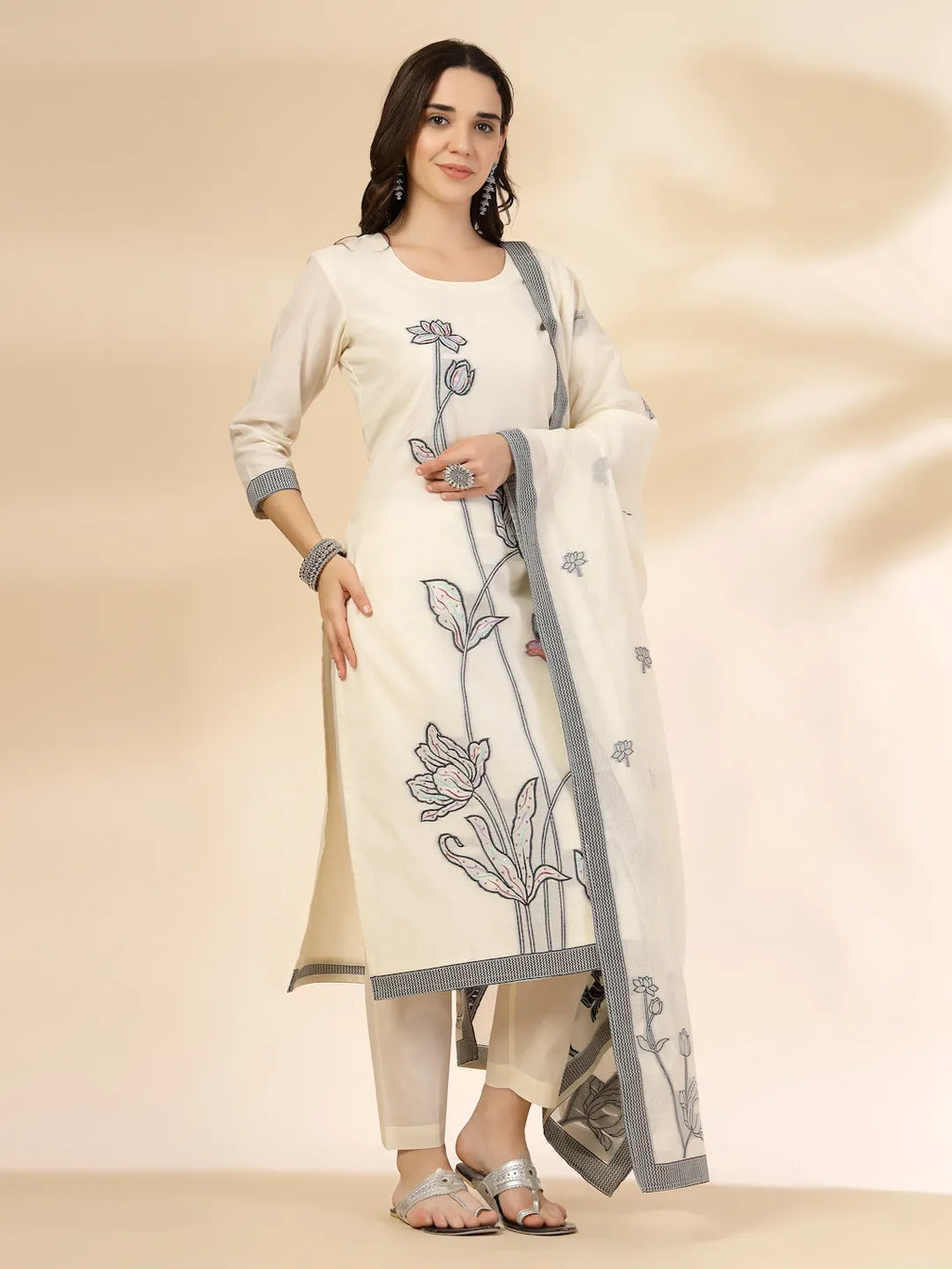 Yufta Off White Handloom Cotton Jacquard Sequins Work Kurta Dupatta Pant Set | Grocsy