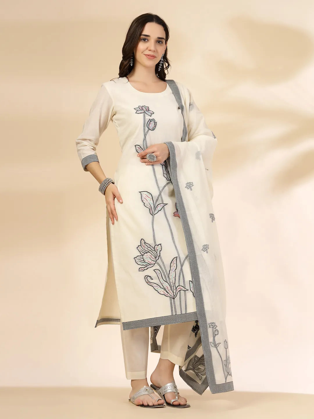 Yufta Off White Handloom Cotton Jacquard Sequins Work Kurta Dupatta Pant Set | Grocsy