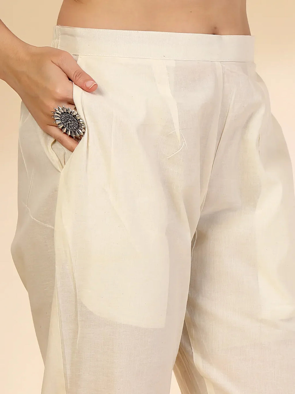 Yufta Off White Handloom Cotton Jacquard Sequins Work Kurta Dupatta Pant Set | Grocsy