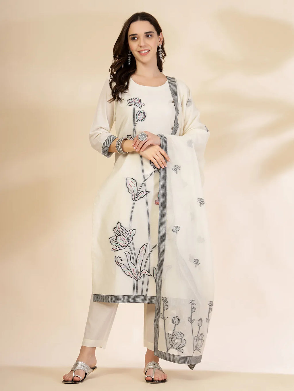 Yufta Off White Handloom Cotton Jacquard Sequins Work Kurta Dupatta Pant Set | Grocsy