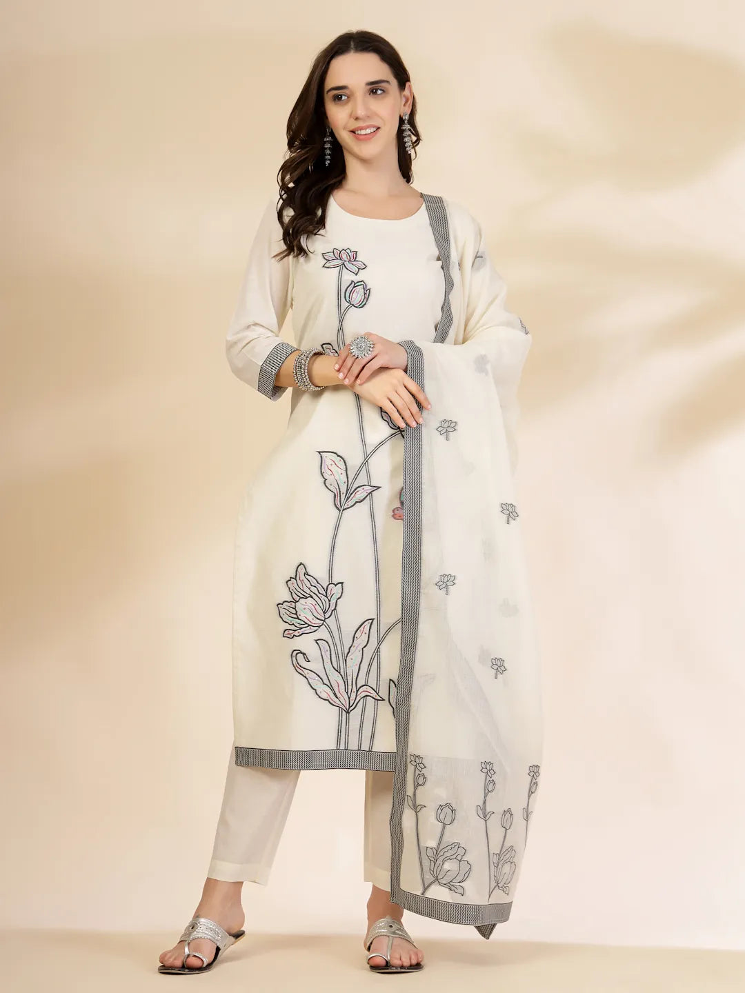 Yufta Off White Handloom Cotton Jacquard Sequins Work Kurta Dupatta Pant Set | Grocsy