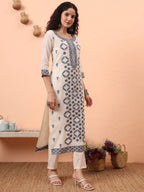 Yufta Off-White Handloom Cotton Kurta Dupatta Pant Set With Cotton Mal Lining | Grocsy