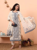 Yufta Off-White Handloom Cotton Kurta Dupatta Pant Set With Cotton Mal Lining | Grocsy