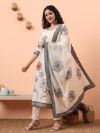 Yufta Off-White Handloom Cotton Weaved Kurta Dupatta Pant Set With Cotton Mal Lining | Grocsy