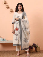 Yufta Off-White Handloom Cotton Weaved Kurta Dupatta Pant Set With Cotton Mal Lining | Grocsy
