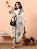 Yufta Off-White Handloom Cotton Weaved Kurta Dupatta Pant Set With Cotton Mal Lining | Grocsy