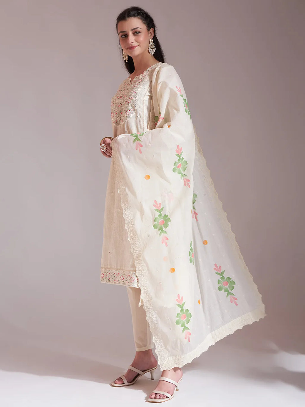 Yufta Off-White Pure Handloom Cotton Weaved Kurta Dupatta Pant Set | Grocsy